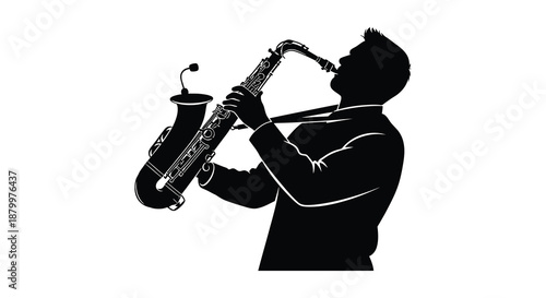 a striking black and white illustration depicts a musician passionately playing a saxophone showcasing artistic flair and musical expression silhouette