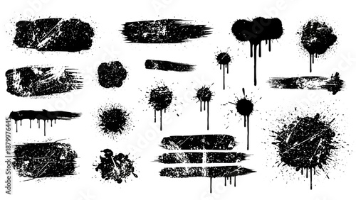 Vector illustration set of black ink blots and splashes forming nature silhouettes of a forest with oak trees, pine branches, and palm leaves