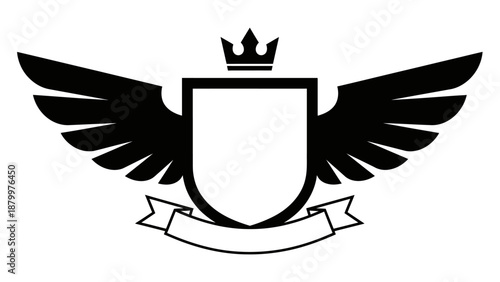 Vintage heraldic coat of arms emblem featuring a vector shield with eagle wings and a royal crown insignia on a decorative ribbon banner element