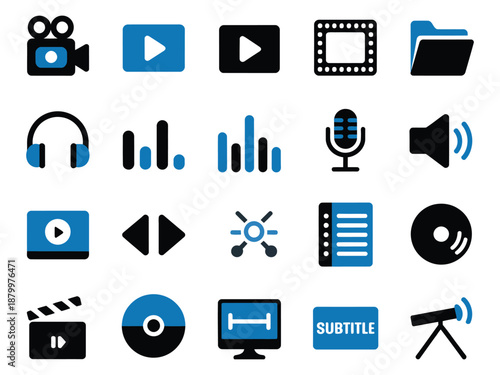 Various multimedia icons in blue and black for digital content creation.