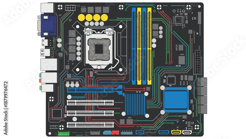 Electronic circuit board with computer chips and electronic components isolated on a white background representing modern digital technology and hardware design