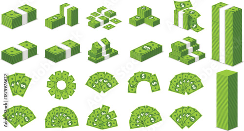 Collection of Green Banknote Cash Bundles and Dollar Bill Fan Designs in Flat Vector Illustration Set for Finance Wealth and Banking Business.