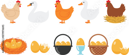 Collection of Poultry Farm Icons Featuring Hens Swans Ducks and Golden Eggs in Nests and Baskets Flat Vector Illustration Set for Agriculture.