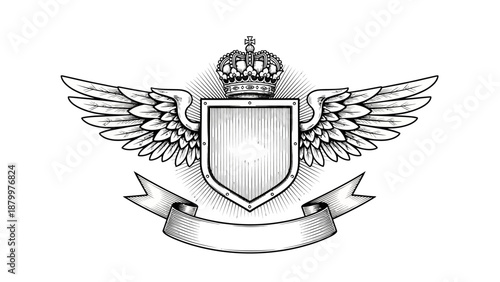 Vintage heraldic coat of arms emblem featuring a royal shield with wings, decorative crown, and elegant ribbon banner as a vector illustration element