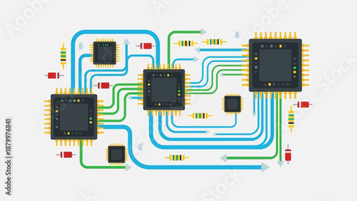 Electronic circuit board with processor and electronic components for computer technology and hardware illustration