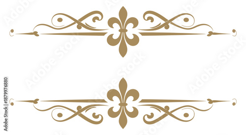 Golden ornate flourish decorative elements with fleur de lis motifs on white background, vector illustrations for design, branding, invitations, logos, and luxury graphic projects.