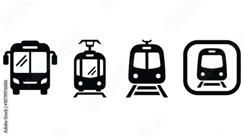 Four distinct black and white icons depicting various styles of public transport