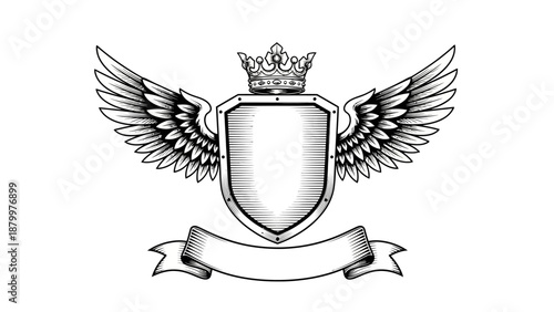 Vintage heraldic coat of arms design featuring a gold shield with wings and an eagle emblem topped by a crown and framed by a decorative ribbon banner insignia