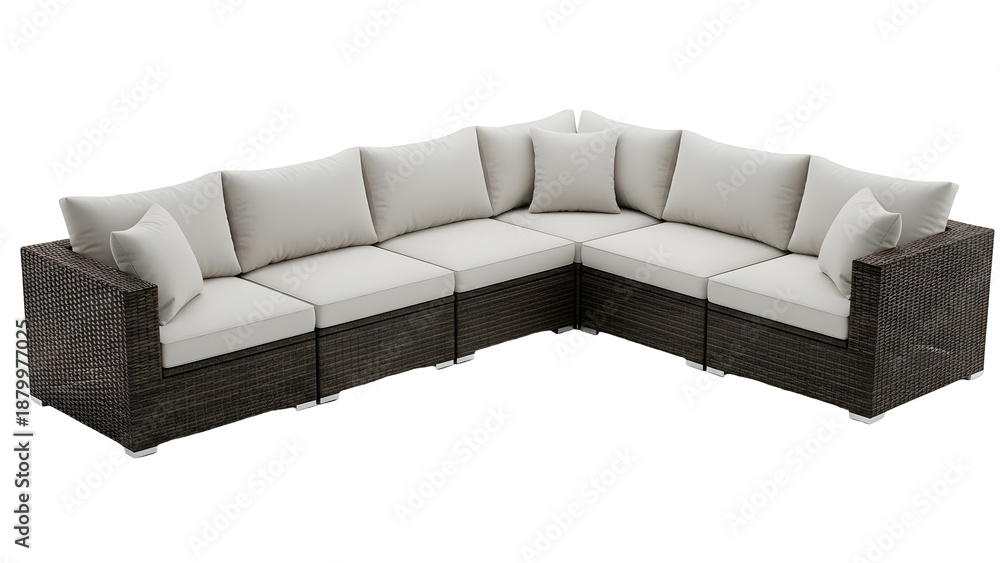 Fototapeta premium Wicker l shaped outdoor sectional sofa isolated on transparent background