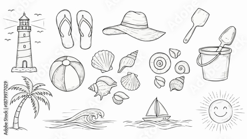 Collection of beach and summer vacation icons and illustrations.