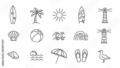 Collection of beach and summer vacation icons in a simple line art style.