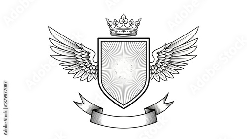 Vintage heraldic coat of arms design featuring a gold shield with wings, royal crown, and ribbon banner emblem as a vector illustration insignia