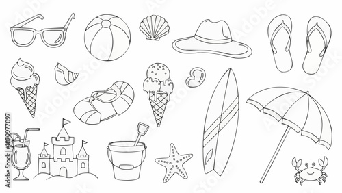 Collection of beach and summer vacation items in sketch style.