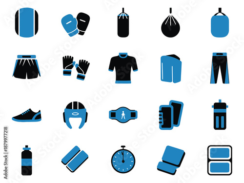 Various boxing and fitness equipment icons in blue and black design.