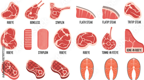 Collection of Raw Meat Cut Icons Featuring Ribeye Boneless Striploin Flank Steak and Salmon Fillets in Professional Flat Vector Illustration Set Design.