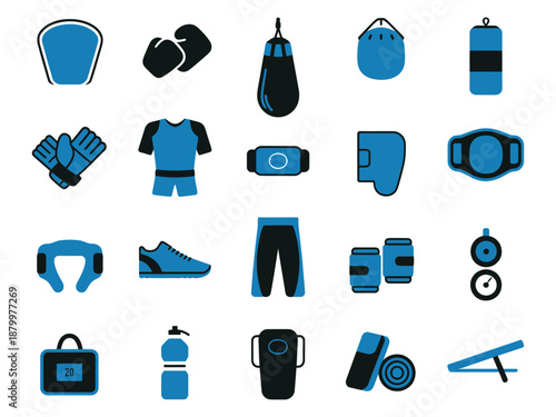 A collection of boxing equipment in blue and black, showcasing various training items.