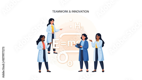 Illustration of diverse women in lab coats collaborating on science and innovation on International Day of Women & Girls in Science with a character design, representing America and Sains,
