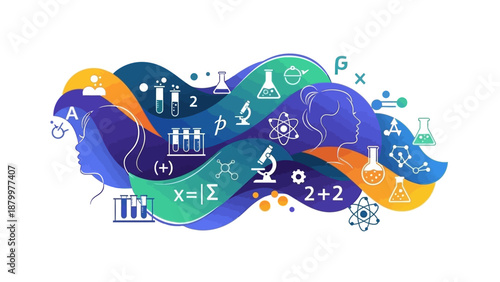 Colorful illustration celebrating International Day of Women & Girls in Science with various scientific symbols and equations on a white background.