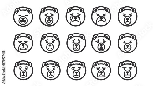 Collection of bear faces showing different emotions and expressions.