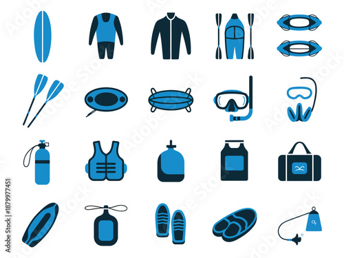 Collection of blue water sports equipment, including kayaks and diving gear.