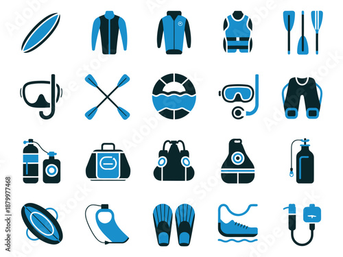Iconic collection of water sports gear including surfing and snorkeling equipment.