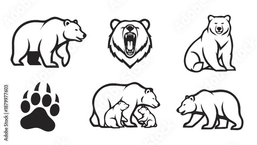 Collection of Bear Illustrations and Paw Print Icon.