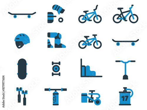 Collection of blue sports icons including skateboards, bikes, and helmets.