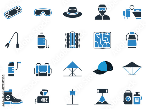 Variety of outdoor adventure icons including gear and accessories.
