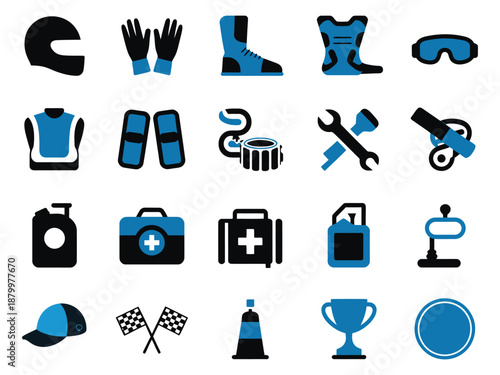 Essential racing gear icons in black and blue, representing safety and competition.