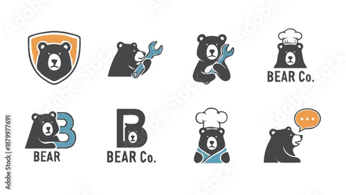 Collection of bear logos and icons for branding.