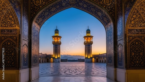 Islamic Mosque Courtyard at Sunset: Intricate blue tile mosaic arch, twin glowing minarets, twilight sky, mountains, religious architecture, spiritual travel, prayer and ramadan concept