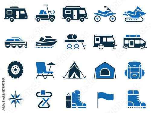 A collection of outdoor activity icons featuring vehicles and camping gear.