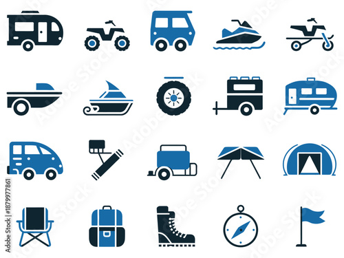 Various blue icons depicting camping and outdoor recreational activities.