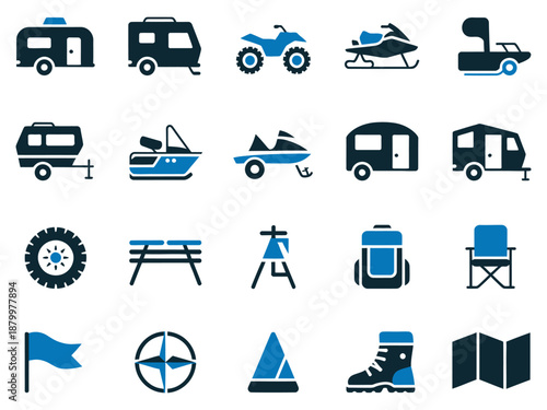Collection of outdoor adventure icons including vehicles and camping gear.
