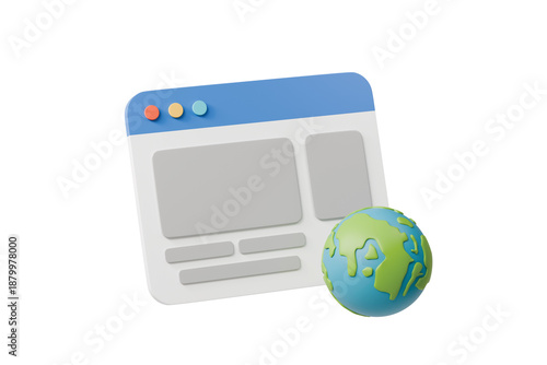3d website with globe icon. global web concept. minimal cartoon browser ui interface for international marketing. isolated on white transparent background. 3d render.