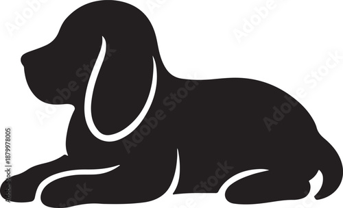 A simple black silhouette of a beagle lying down in repose