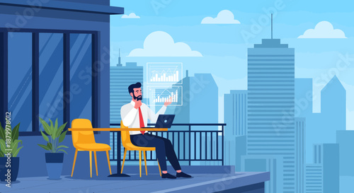 Man sitting on balcony with laptop.