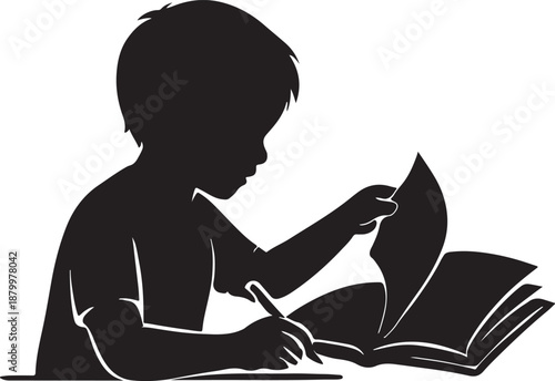 young boy writting their homework silhouette