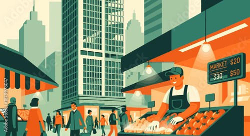 Man wearing apron at market stall.