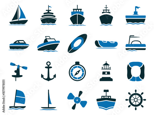 Collection of boat and nautical icons in blue tones, showcasing various styles.