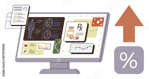 Healthcare analytics, data management, medical recordkeeping, health monitoring, AI diagnostics, telemedicine. Screen showing health graphs, prescription data medical images. Healthcare analytics