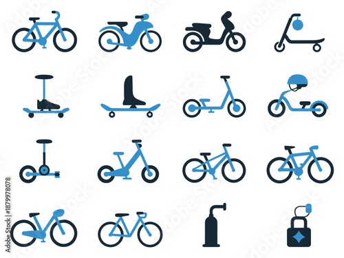 A collection of blue and black transport icons including bicycles and scooters.