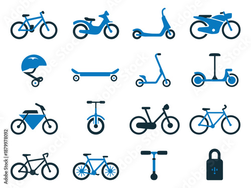 A collection of blue icons depicting various bicycles and personal scooters.