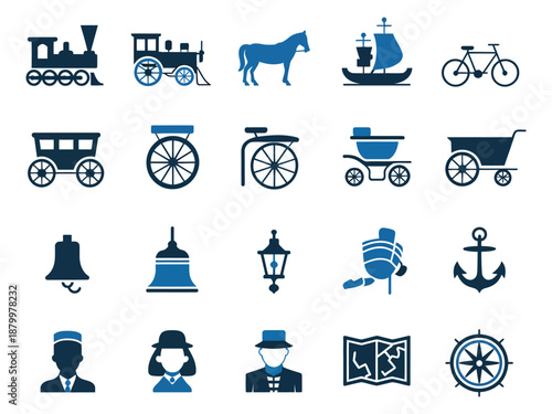Collection of vintage transportation icons in blue, featuring various modes of transport.