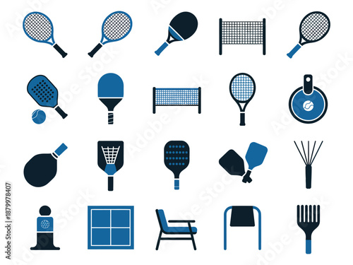 A collection of sports equipment including rackets and paddles in various shades of blue.