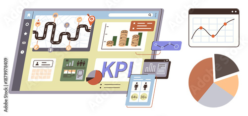 Business strategy, data analysis, financial planning, performance tracking, goal setting, decision-making. Dashboard with charts, graphs and analytics. Business strategy and data analysis concept