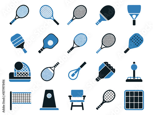 Variety of sports equipment including rackets and paddles in blue tones.
