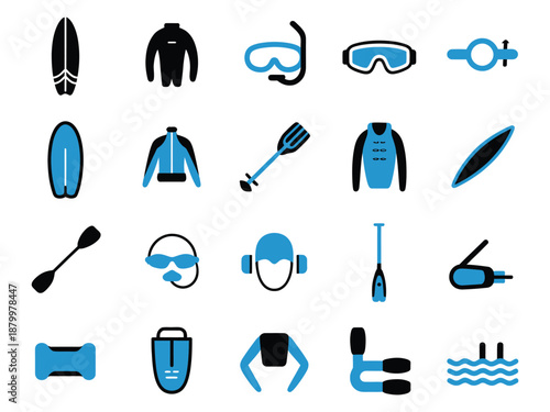 A collection of blue and black water sports icons, showcasing gear and accessories.