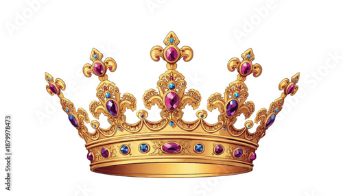 A gold crown with precious stones on transparent background
