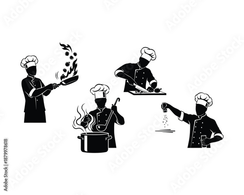 chef cooking, chef chopping vegetables, chef cooking food in frying pan, kitchen task poses, chef’s hand plated dish vector silhouette design set collection